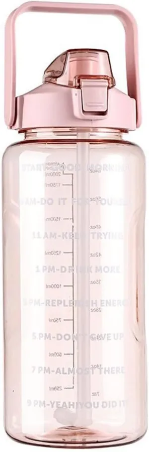2L/2000ml Water Bottle with Time Markers, BPA-Free, Leak-Proof Straw Lid, Easy Carry Handle, Ideal for Fitness, Hiking, Travel, and Daily Hydration Goals (Pink)