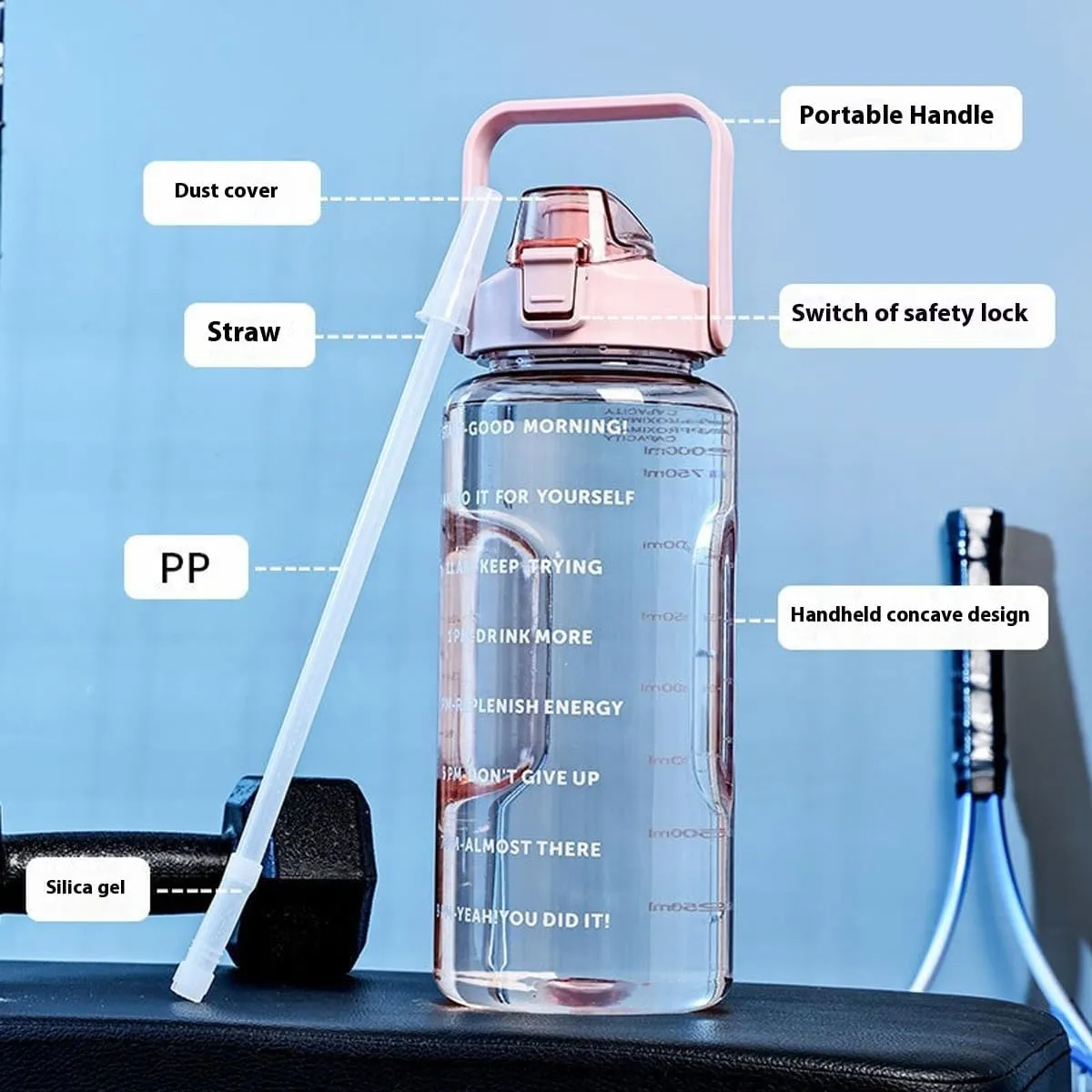 2L/2000ml Water Bottle with Time Markers, BPA-Free, Leak-Proof Straw Lid, Easy Carry Handle, Ideal for Fitness, Hiking, Travel, and Daily Hydration Goals (Pink)