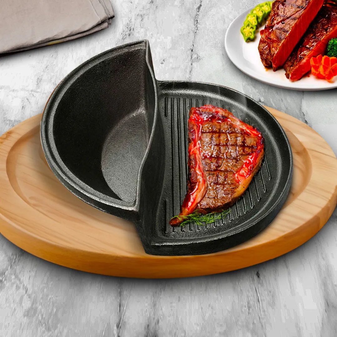 2PC 2 in 1 Cast Iron Ribbed Fry Pan Skillet Griddle BBQ and Steamboat Hot Pot