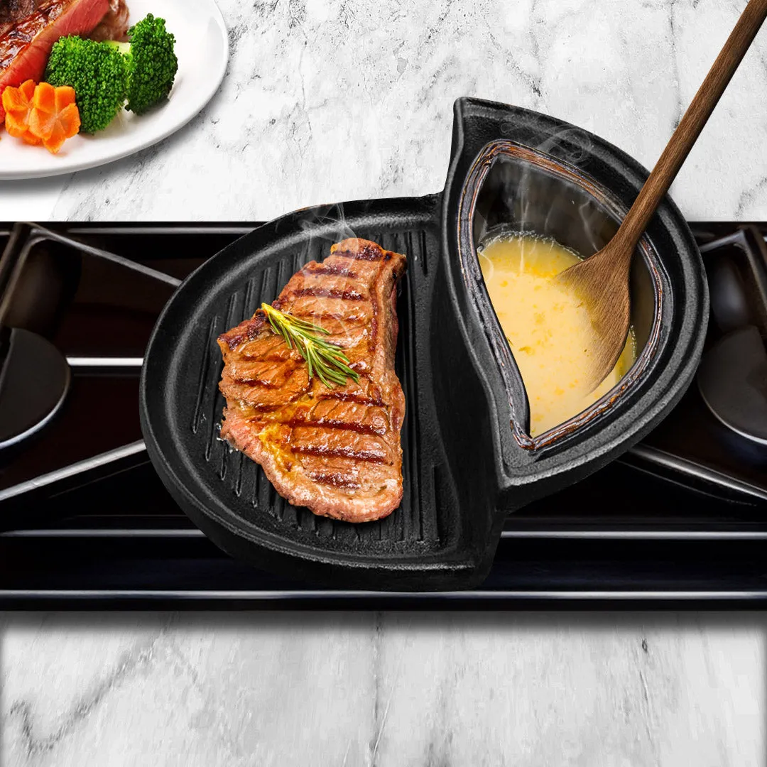 2PC 2 in 1 Cast Iron Ribbed Fry Pan Skillet Griddle BBQ and Steamboat Hot Pot