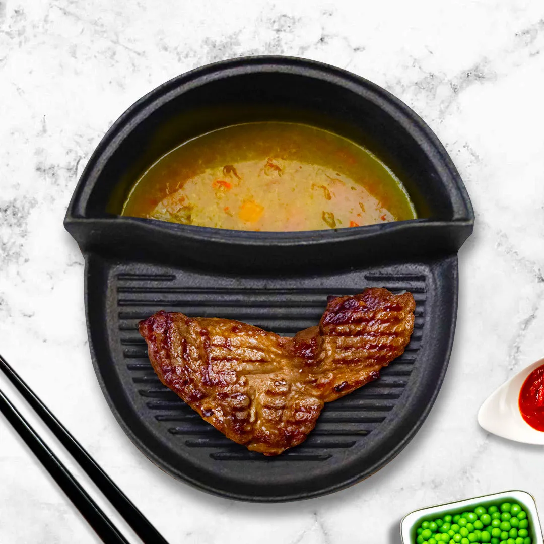2PC 2 in 1 Cast Iron Ribbed Fry Pan Skillet Griddle BBQ and Steamboat Hot Pot