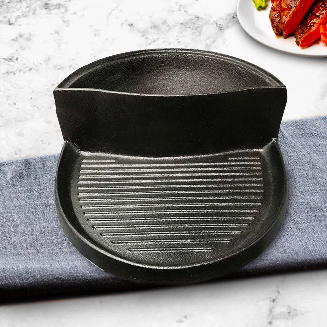 2PC 2 in 1 Cast Iron Ribbed Fry Pan Skillet Griddle BBQ and Steamboat Hot Pot