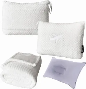 3 in 1 Travel Blanket Pillow Set - 350 GSM Thick Travel Blanket Airplane Compact with Bag, Soft Bag with a Pocket, Inflatable Travel Pillow for Camping & Car Trip (Pearl White)