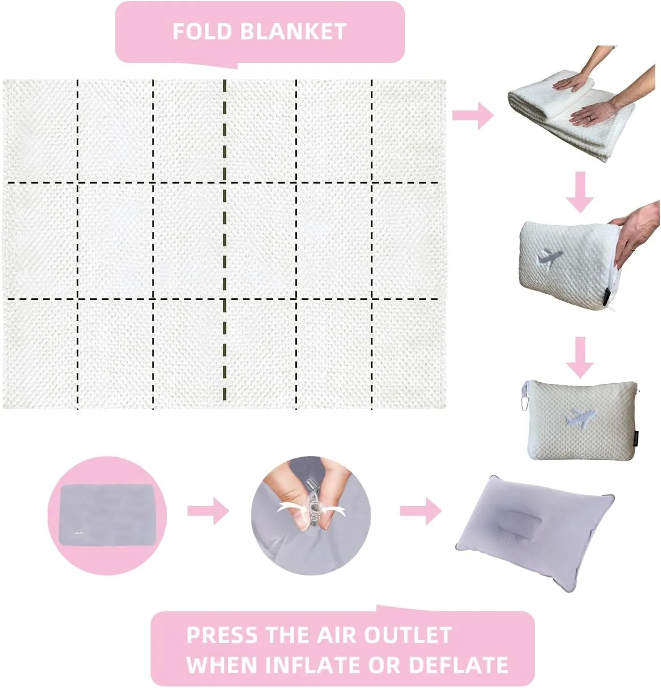 3 in 1 Travel Blanket Pillow Set - 350 GSM Thick Travel Blanket Airplane Compact with Bag, Soft Bag with a Pocket, Inflatable Travel Pillow for Camping & Car Trip (Pearl White)