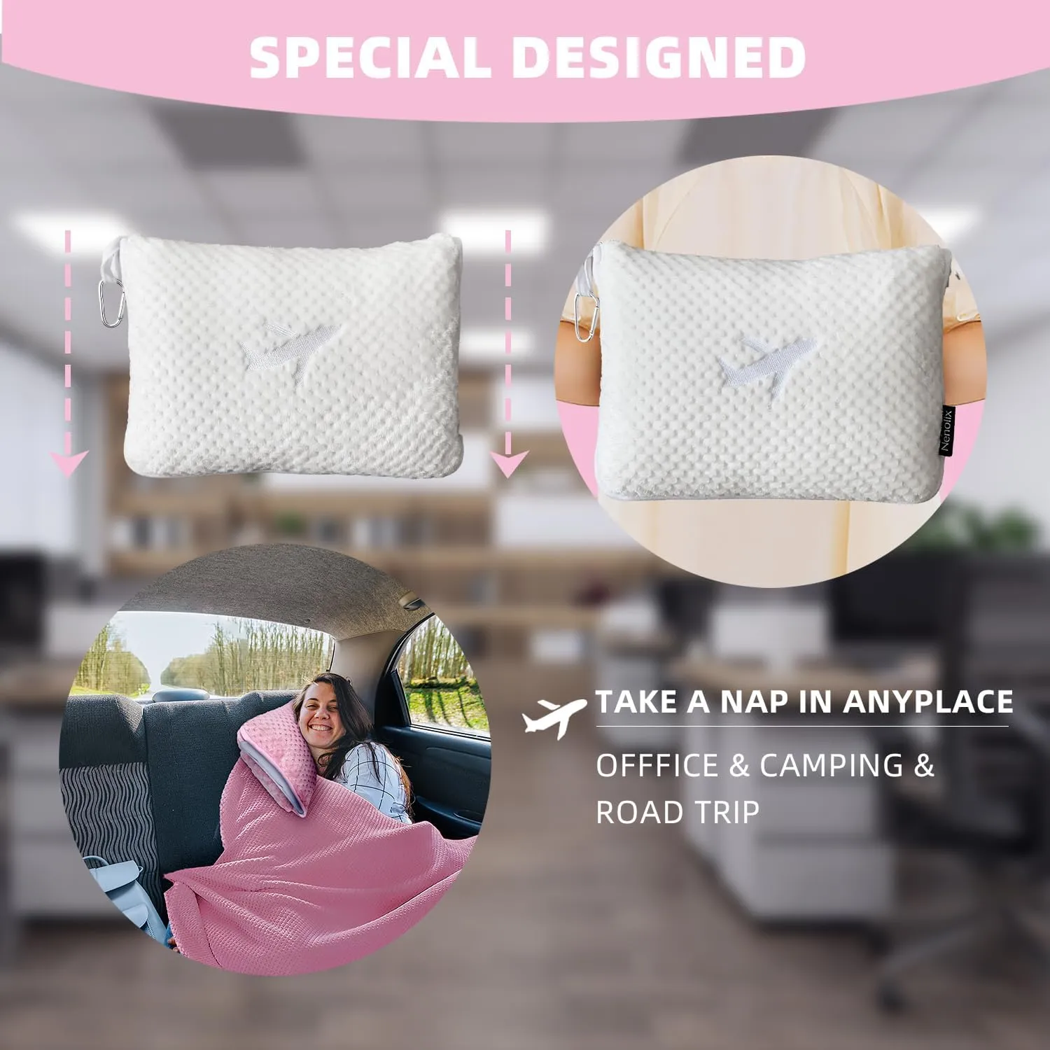 3 in 1 Travel Blanket Pillow Set - 350 GSM Thick Travel Blanket Airplane Compact with Bag, Soft Bag with a Pocket, Inflatable Travel Pillow for Camping & Car Trip (Pearl White)