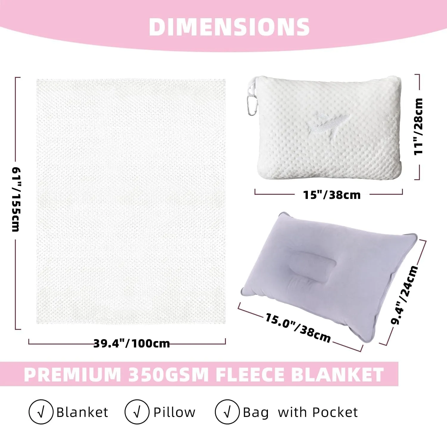 3 in 1 Travel Blanket Pillow Set - 350 GSM Thick Travel Blanket Airplane Compact with Bag, Soft Bag with a Pocket, Inflatable Travel Pillow for Camping & Car Trip (Pearl White)