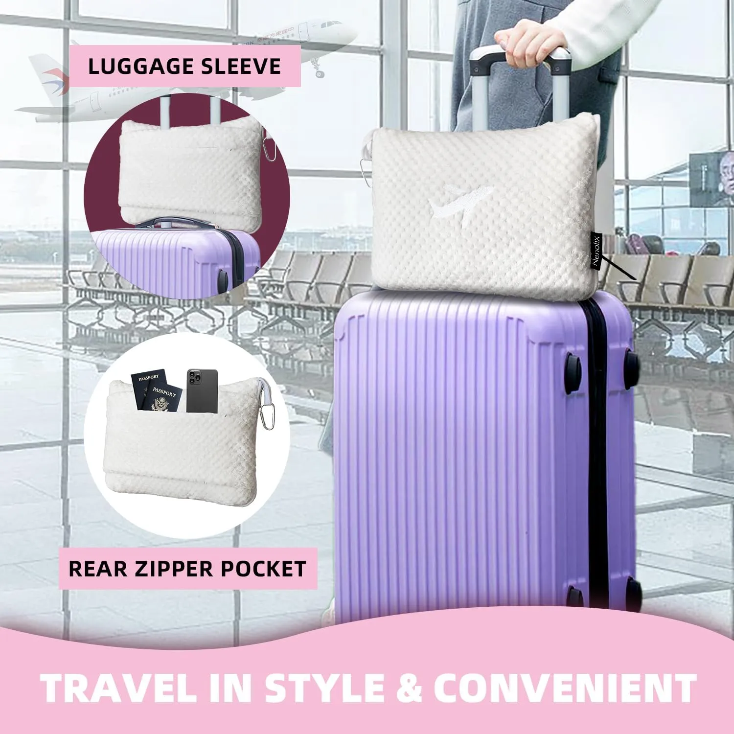 3 in 1 Travel Blanket Pillow Set - 350 GSM Thick Travel Blanket Airplane Compact with Bag, Soft Bag with a Pocket, Inflatable Travel Pillow for Camping & Car Trip (Pearl White)