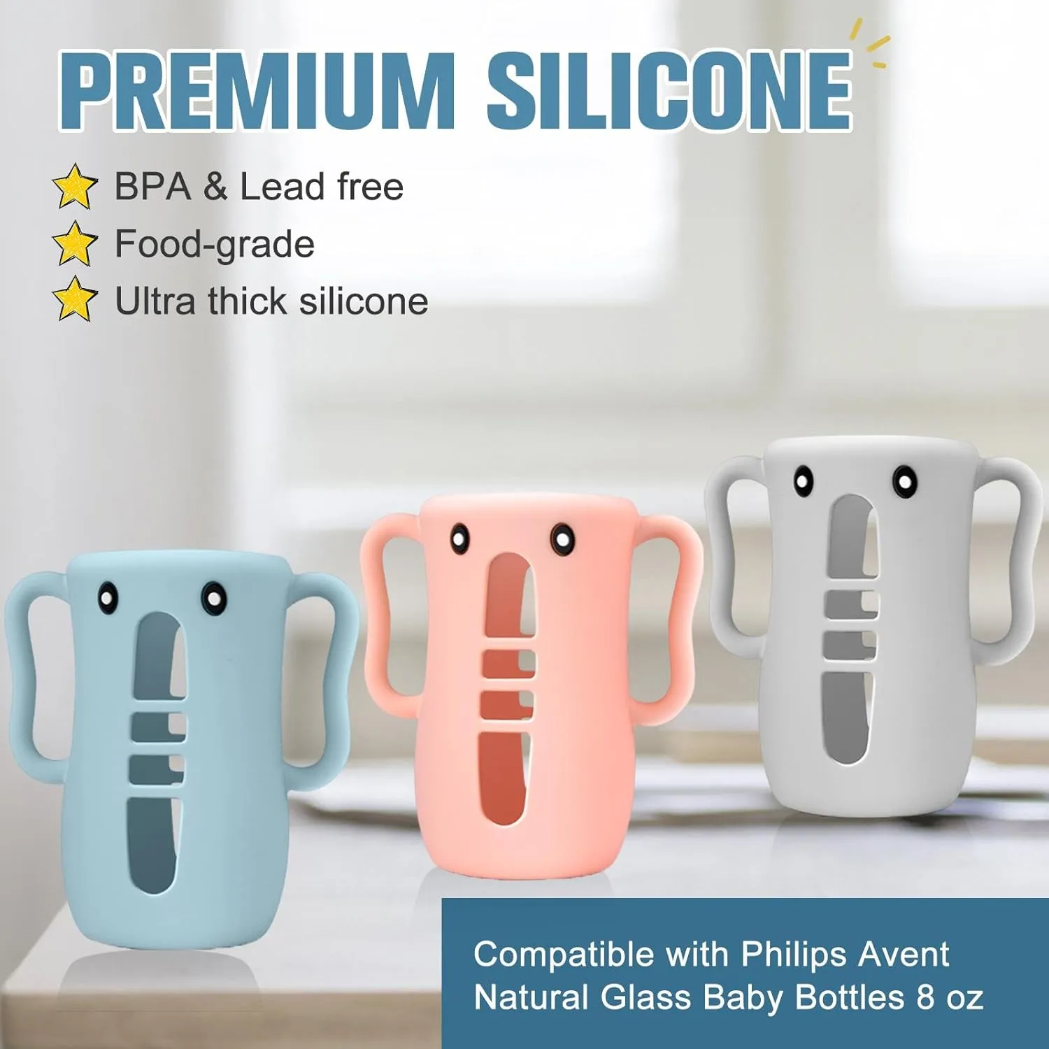 3 Pack Cute Silicone Sleeves with Handles for Avent Natural Glass Baby Bottles - Anti Breakage Holder, Compatible with Philips Avent Baby Bottles 8 oz,BPA Free