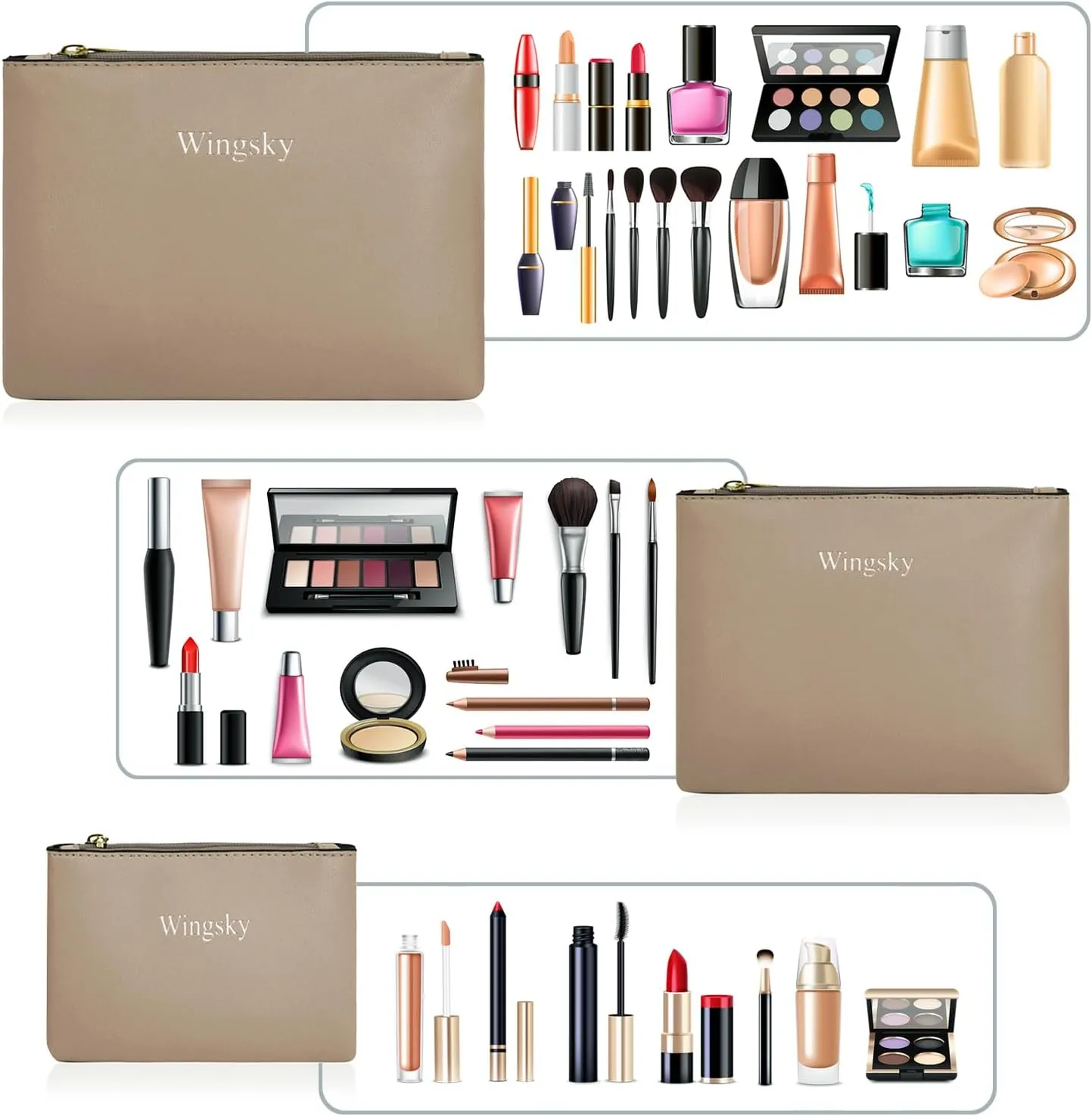 3 Pack Makeup Bag for Purse, Vegan Leather, Travel Makeup Pouch Cosmetic Bag Zipper Pouch Bags,Travel Toiletry Bags for Women (B Grey, 12.6x9 inch)