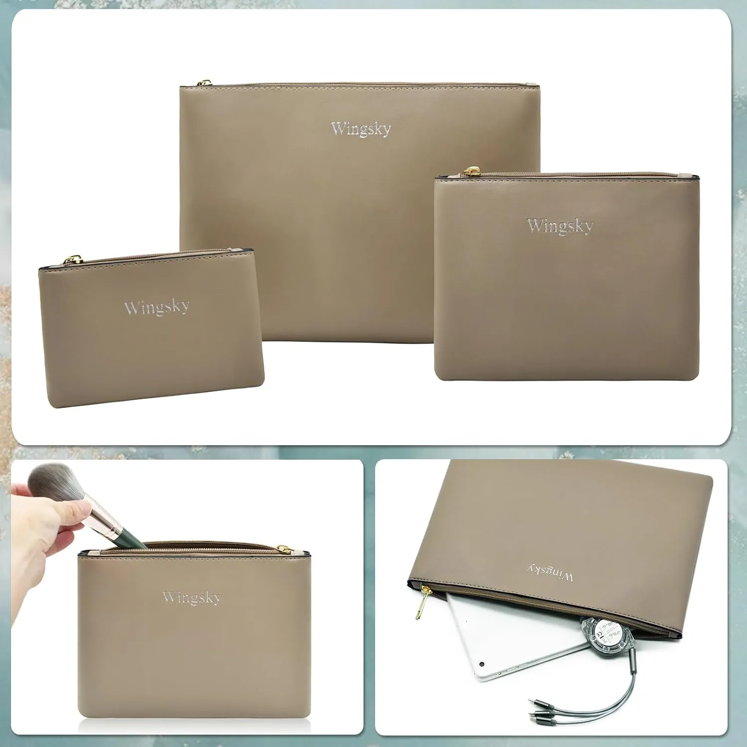 3 Pack Makeup Bag for Purse, Vegan Leather, Travel Makeup Pouch Cosmetic Bag Zipper Pouch Bags,Travel Toiletry Bags for Women (B Grey, 12.6x9 inch)