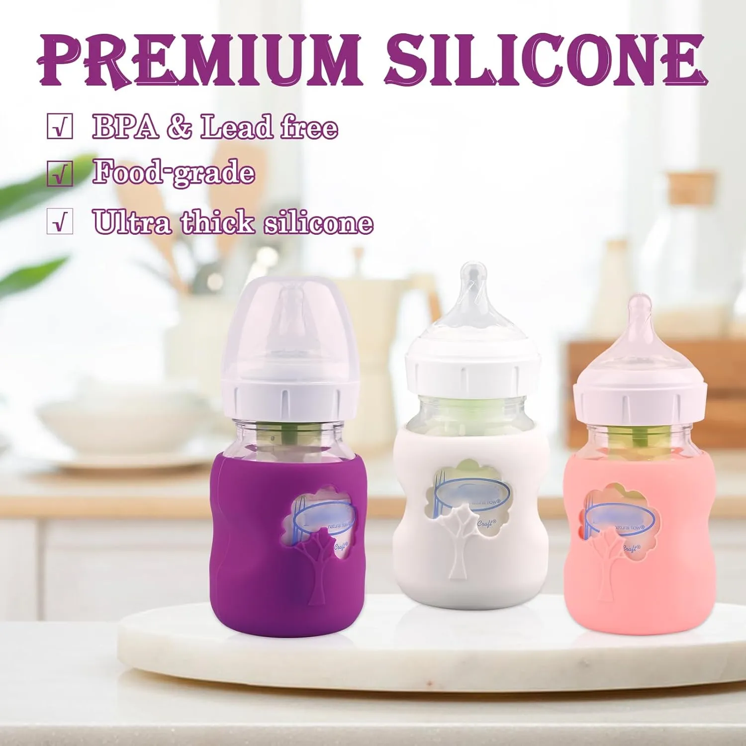 3 Pack Silicone Sleeves for Dr. Brown's Natural Glass Baby Bottles, Anti Breakage Baby Bottle Holder, Compatible Dr. Brown Wide-Neck Glass Baby Bottles 5 oz (White Pink Purple)