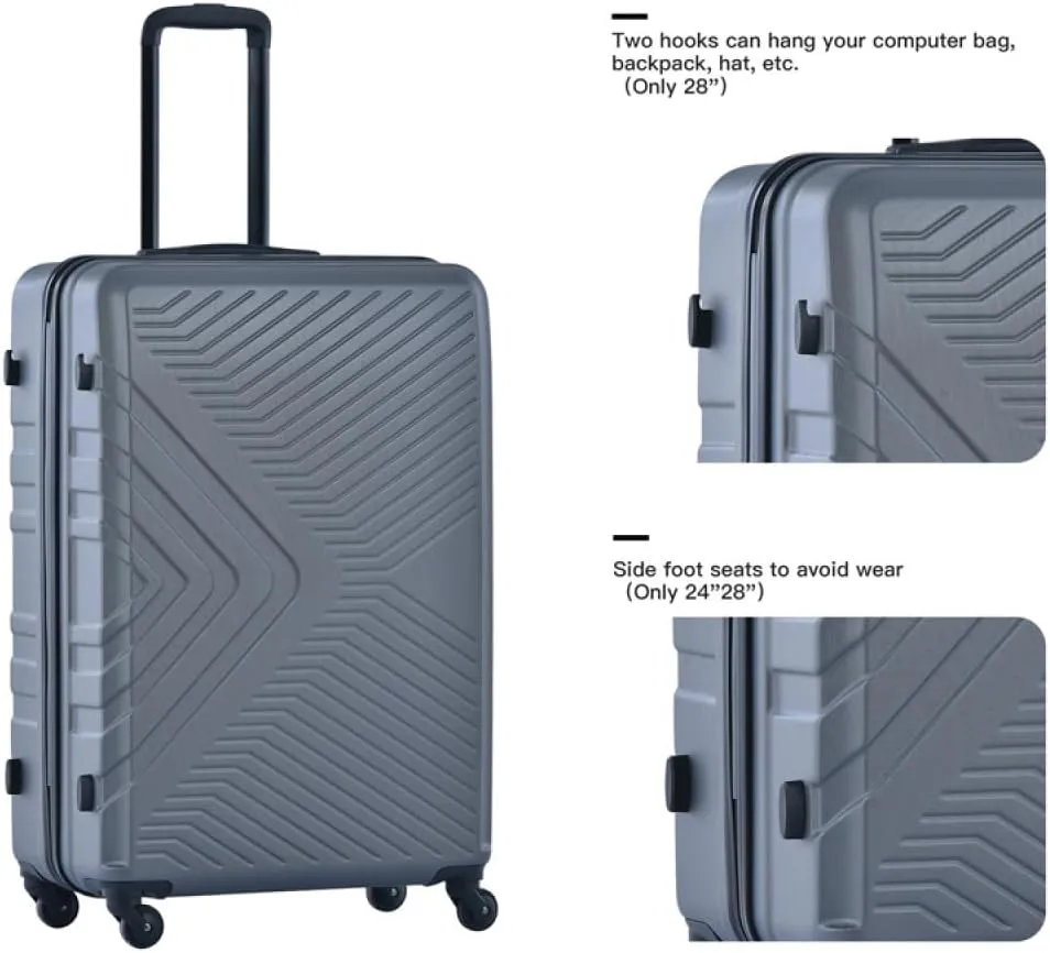 3-Piece Luggage Set (20/24/28 Inch) - ABS Lightweight Hard Shell Suitcases with Spinner Wheels, Lock & 2 Hooks - Carry-On & Checked Luggage for Travel (Gray   ABS)