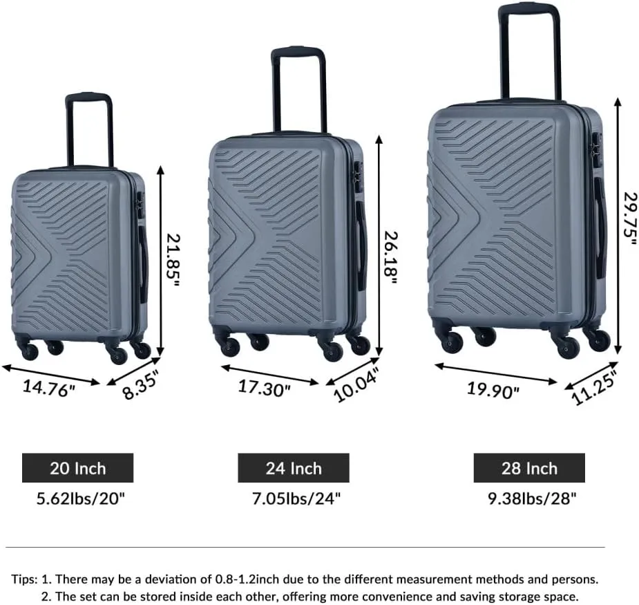 3-Piece Luggage Set (20/24/28 Inch) - ABS Lightweight Hard Shell Suitcases with Spinner Wheels, Lock & 2 Hooks - Carry-On & Checked Luggage for Travel (Gray   ABS)