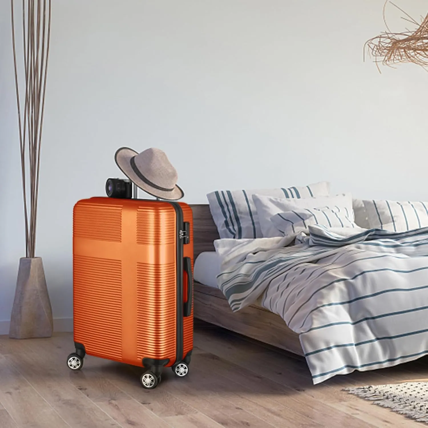 3 Piece Luggage Set with TSA Lock, Durable Lightweight Cross Stripe Suitcase Hardshell Luggage Set with Hooks and 360 Degree Spinner Wheels (20in/24in/28in) Orange As Shown One Size