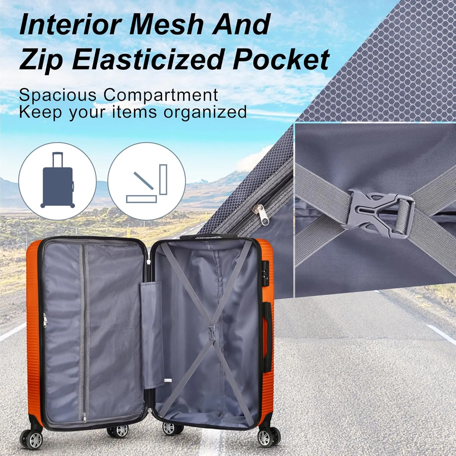 3 Piece Luggage Set with TSA Lock, Durable Lightweight Cross Stripe Suitcase Hardshell Luggage Set with Hooks and 360 Degree Spinner Wheels (20in/24in/28in) Orange As Shown One Size