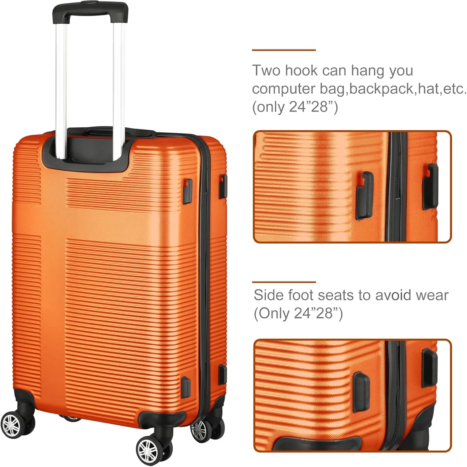 3 Piece Luggage Set with TSA Lock, Durable Lightweight Cross Stripe Suitcase Hardshell Luggage Set with Hooks and 360 Degree Spinner Wheels (20in/24in/28in) Orange As Shown One Size