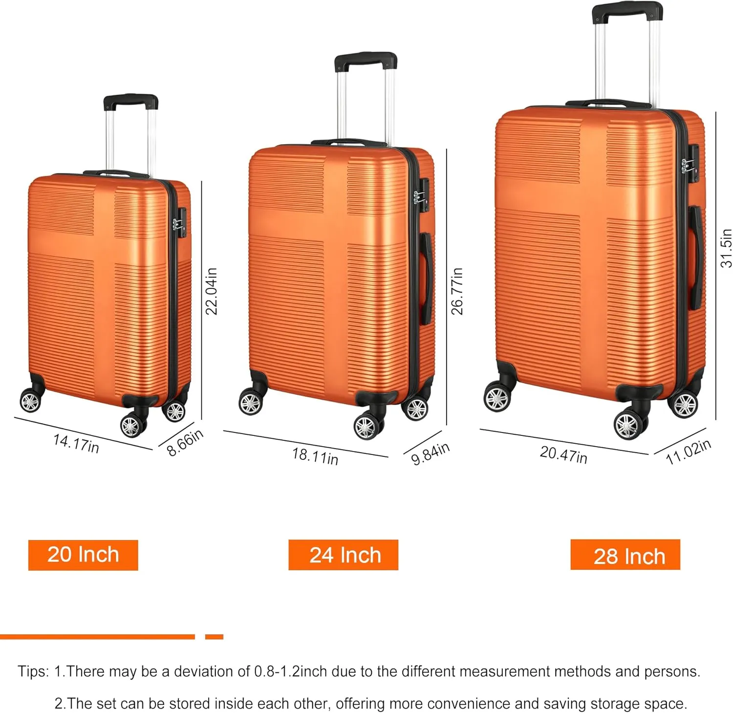 3 Piece Luggage Set with TSA Lock, Durable Lightweight Cross Stripe Suitcase Hardshell Luggage Set with Hooks and 360 Degree Spinner Wheels (20in/24in/28in) Orange As Shown One Size