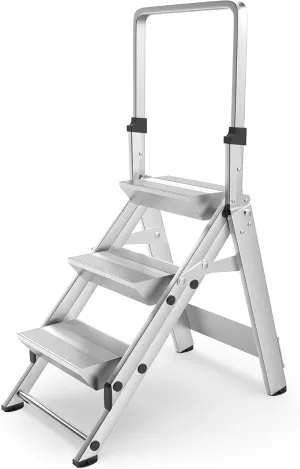 3-Step Ladder, Aluminum Step Stool w/Safety Foldable Handle, Safety Jumbo Stepladder Extra Wide Anti-Slip Pedal, Utility Step Stool Type 1A, Heavy Duty 330 Lbs Rated