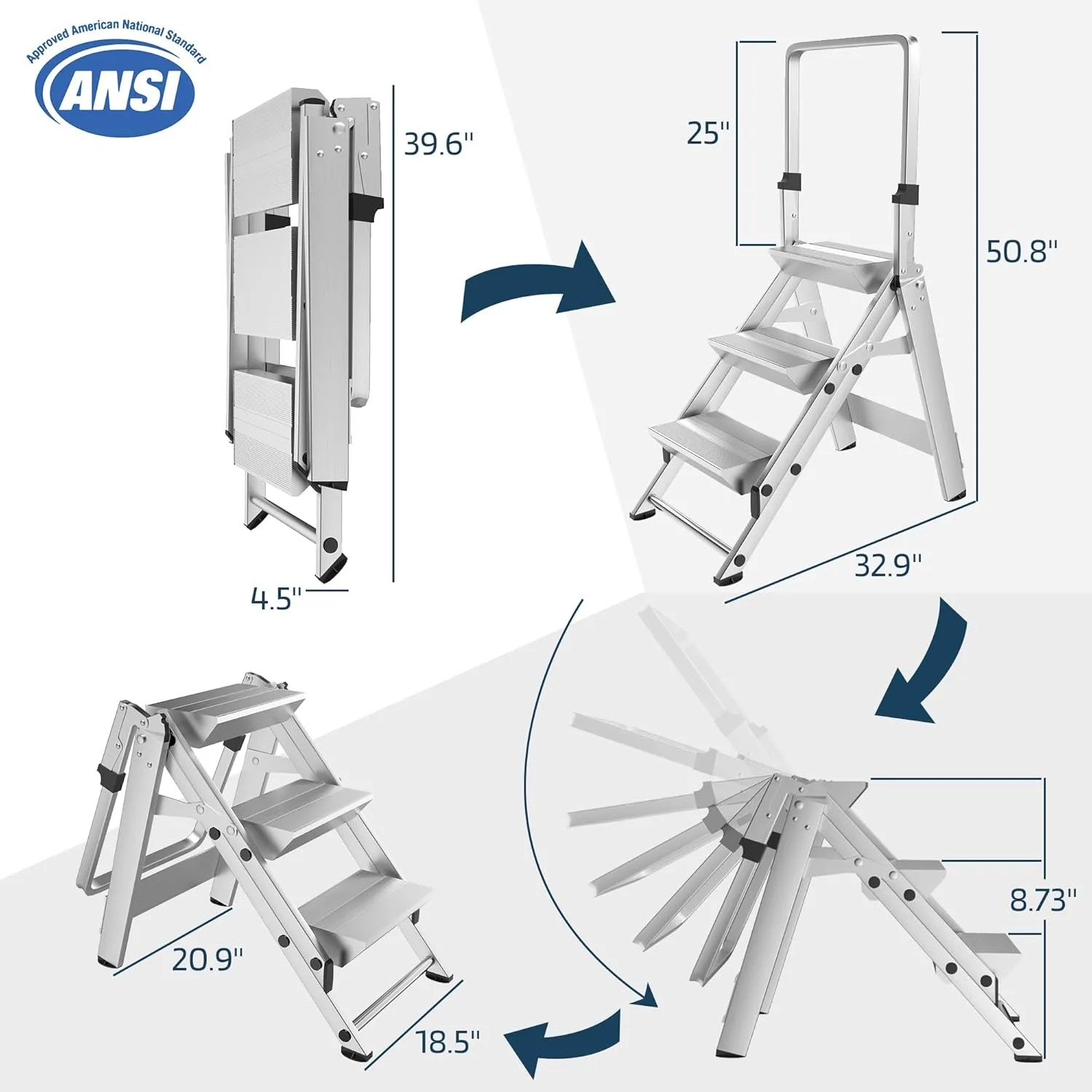 3-Step Ladder, Aluminum Step Stool w/Safety Foldable Handle, Safety Jumbo Stepladder Extra Wide Anti-Slip Pedal, Utility Step Stool Type 1A, Heavy Duty 330 Lbs Rated