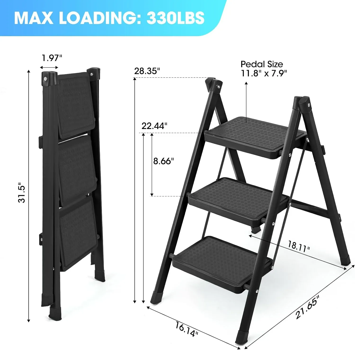 3 Step Ladder, Folding Step Stool for Adults, Lightweight Aluminum Step Ladder, Portable 330 LBS Capacity Ladders for Home Kitchen Library Office, Small Step Stools with Anti-Slip Wide Pedals