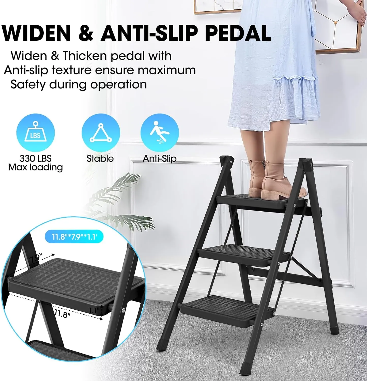 3 Step Ladder, Folding Step Stool for Adults, Lightweight Aluminum Step Ladder, Portable 330 LBS Capacity Ladders for Home Kitchen Library Office, Small Step Stools with Anti-Slip Wide Pedals