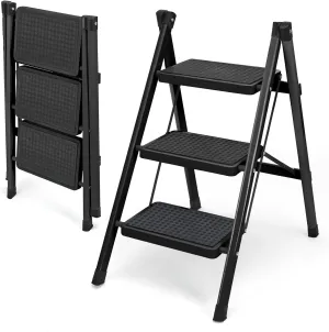 3 Step Ladder, Folding Step Stool for Adults, Lightweight Aluminum Step Ladder, Portable 330 LBS Capacity Ladders for Home Kitchen Library Office, Small Step Stools with Anti-Slip Wide Pedals