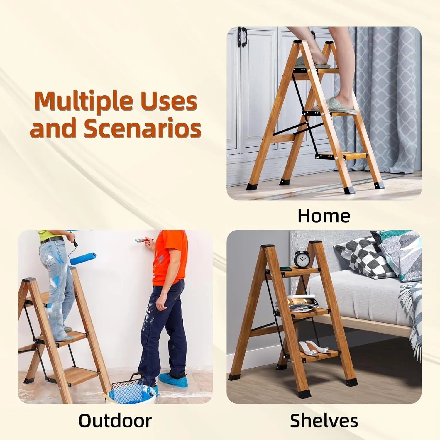 3 Step Ladder Folding Step Stool with Anti-Slip Sturdy and Wide Pedal, Lightweight 330lbs Portable Aluminum Woodgrain Shelf for Household and Kitchen Space Saving