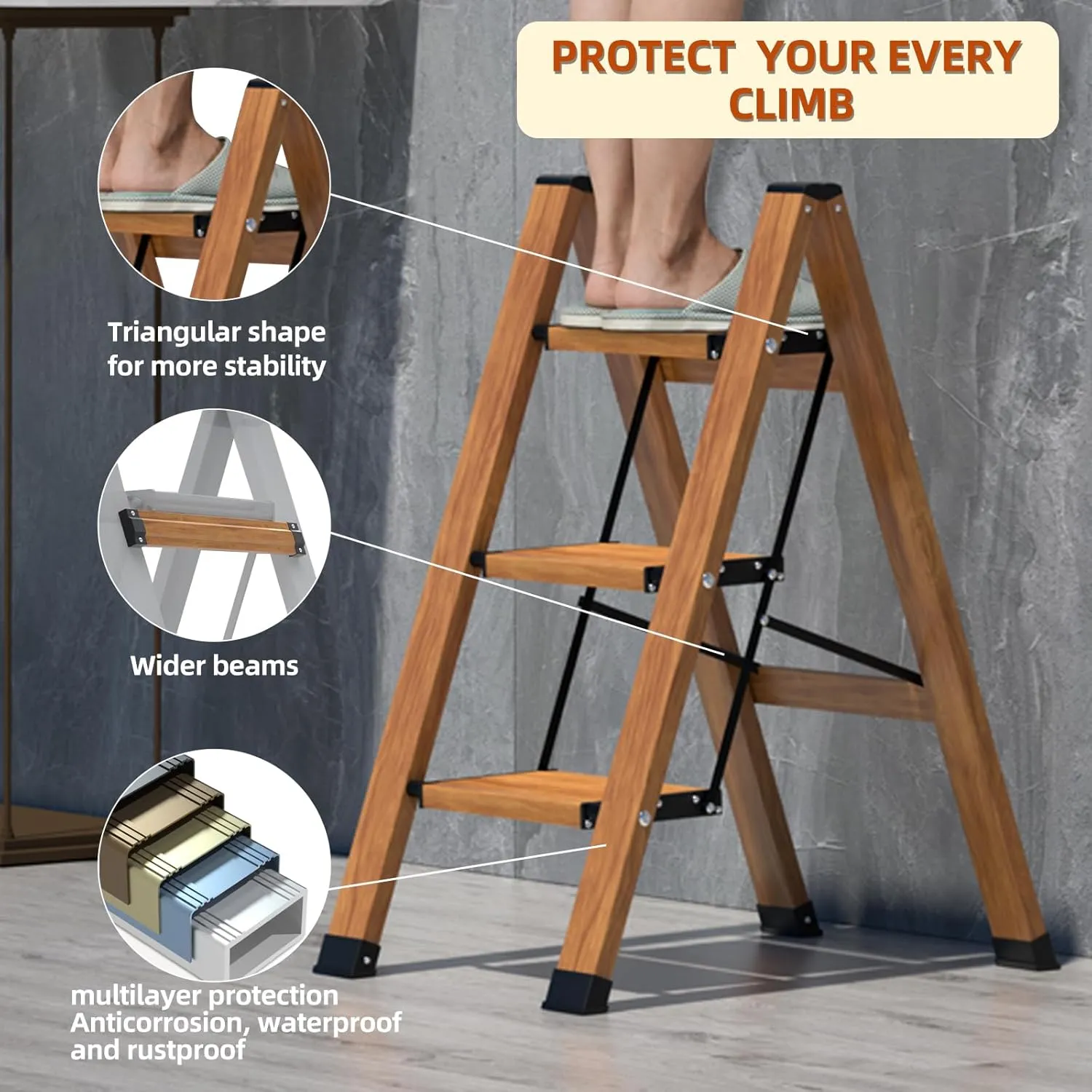 3 Step Ladder Folding Step Stool with Anti-Slip Sturdy and Wide Pedal, Lightweight 330lbs Portable Aluminum Woodgrain Shelf for Household and Kitchen Space Saving