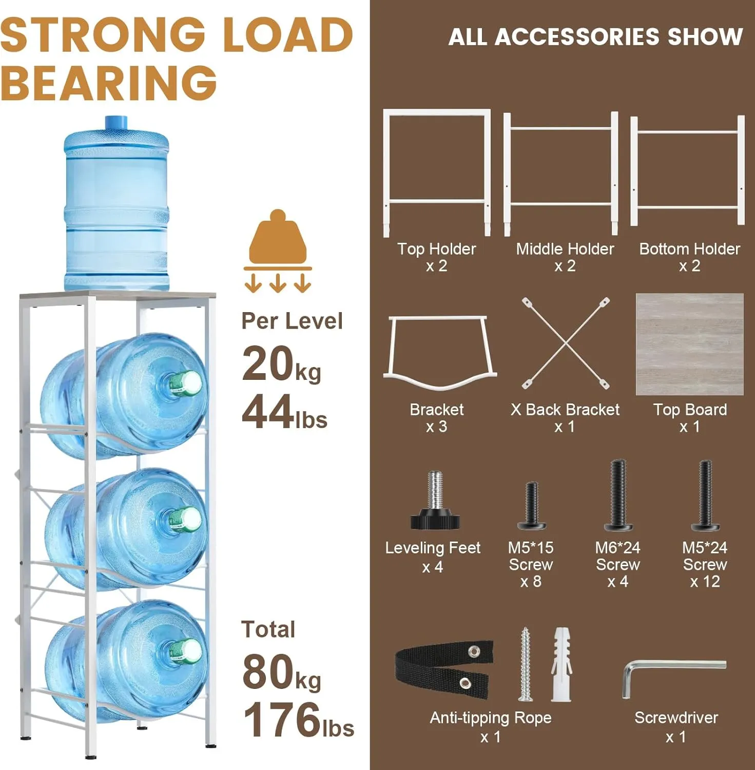 3-tier 5 Gallon Water Jug Holder with Storage Shelf, Detachable 5 Gallon Water Bottle Holder, Jug Stand and Organizer for Kitchen, Office, Living Room, Gray