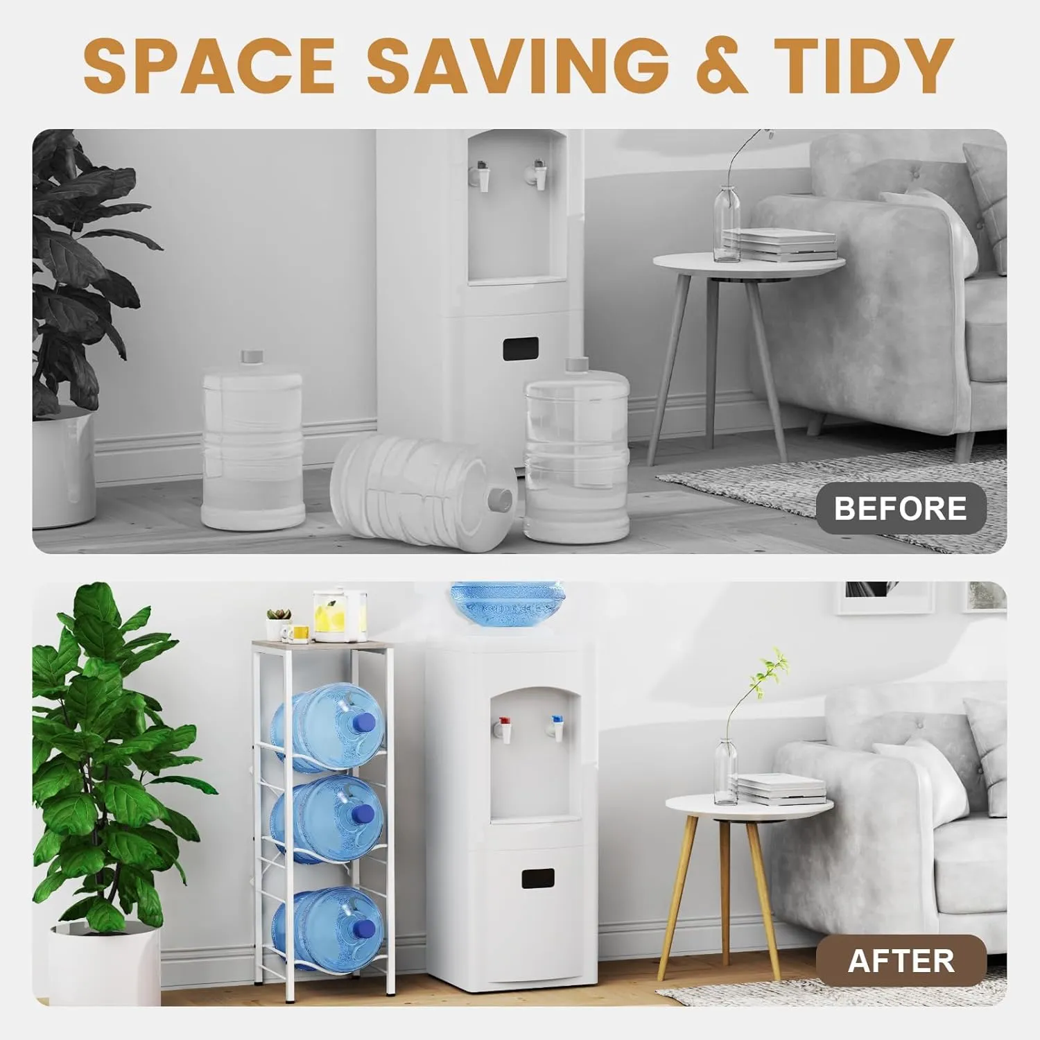 3-tier 5 Gallon Water Jug Holder with Storage Shelf, Detachable 5 Gallon Water Bottle Holder, Jug Stand and Organizer for Kitchen, Office, Living Room, Gray
