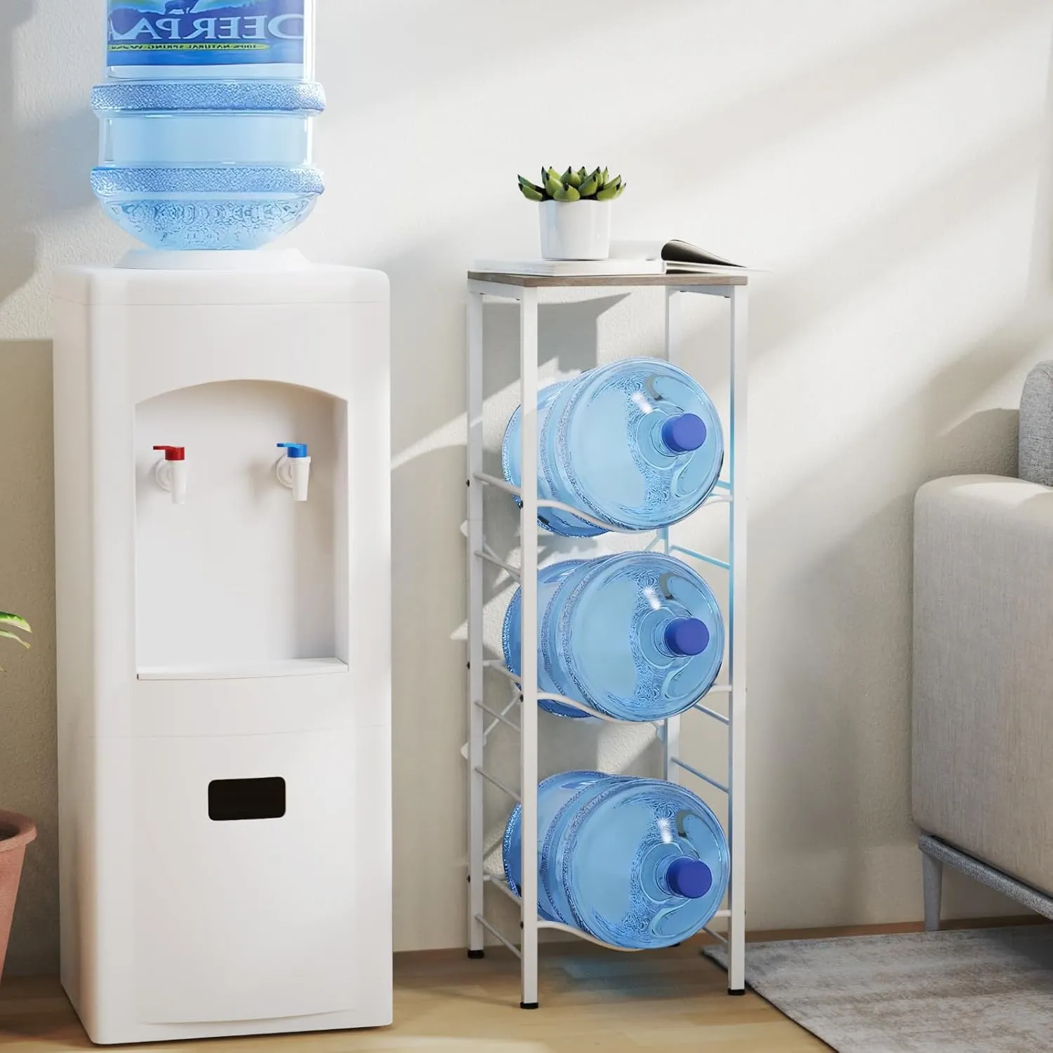 3-tier 5 Gallon Water Jug Holder with Storage Shelf, Detachable 5 Gallon Water Bottle Holder, Jug Stand and Organizer for Kitchen, Office, Living Room, Gray