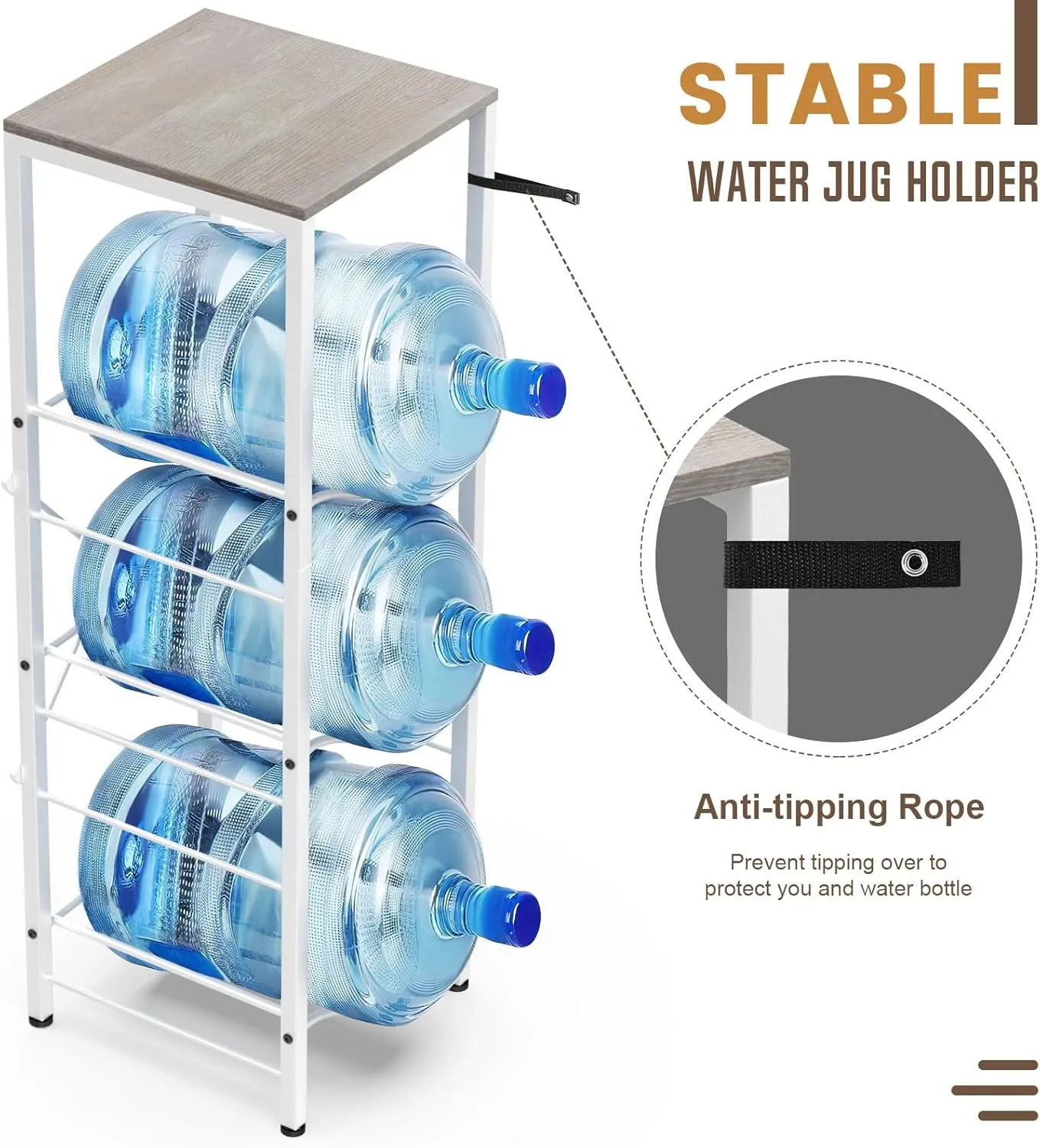 3-tier 5 Gallon Water Jug Holder with Storage Shelf, Detachable 5 Gallon Water Bottle Holder, Jug Stand and Organizer for Kitchen, Office, Living Room, Gray