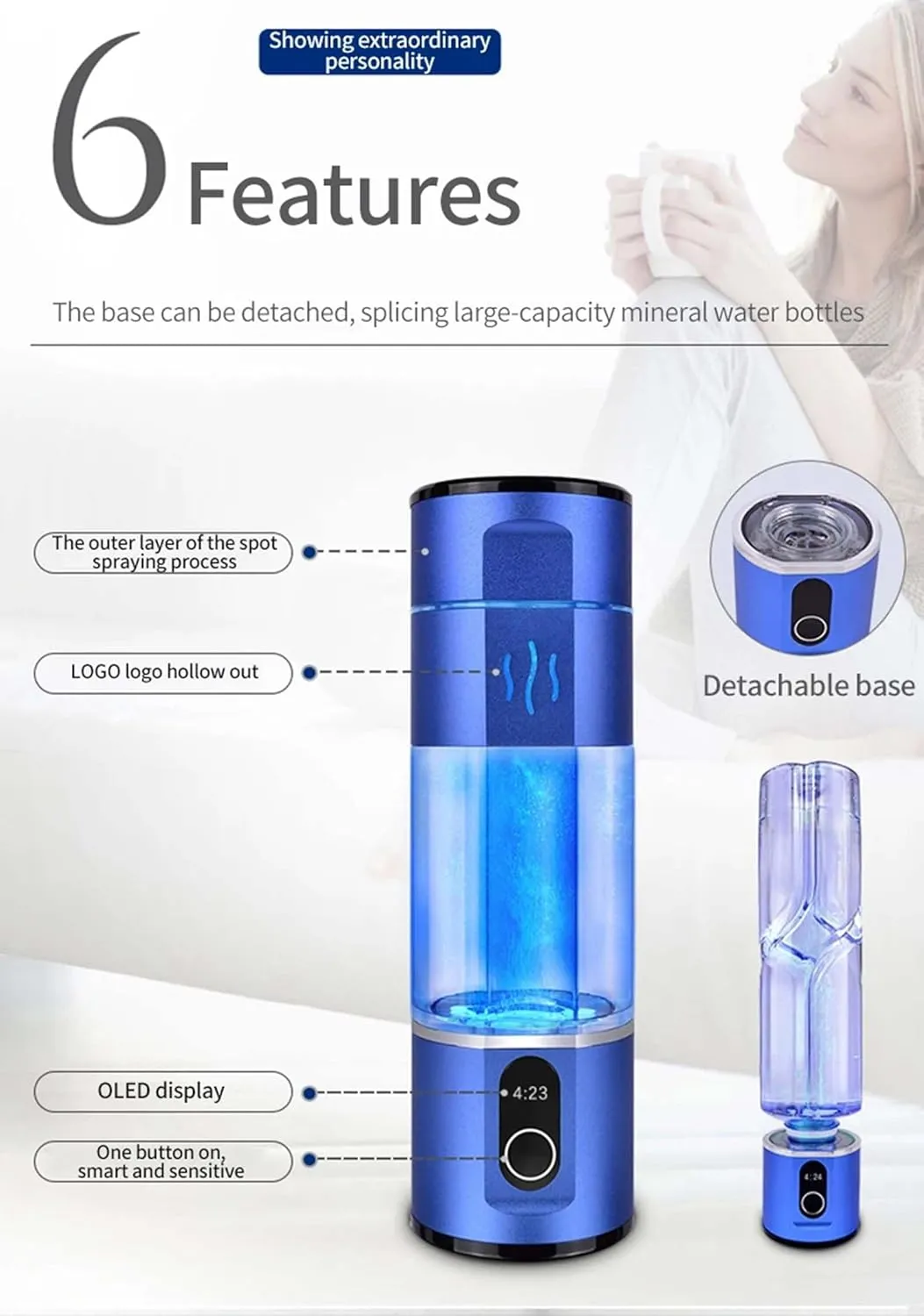300ml Hydrogen Rich Water Bottle, Alkaline Generator, Portable Healthy Cup, USB Rechargeable Anti-Aging Hydrogen lonizer, Concentration up to 5000-8000PPB
