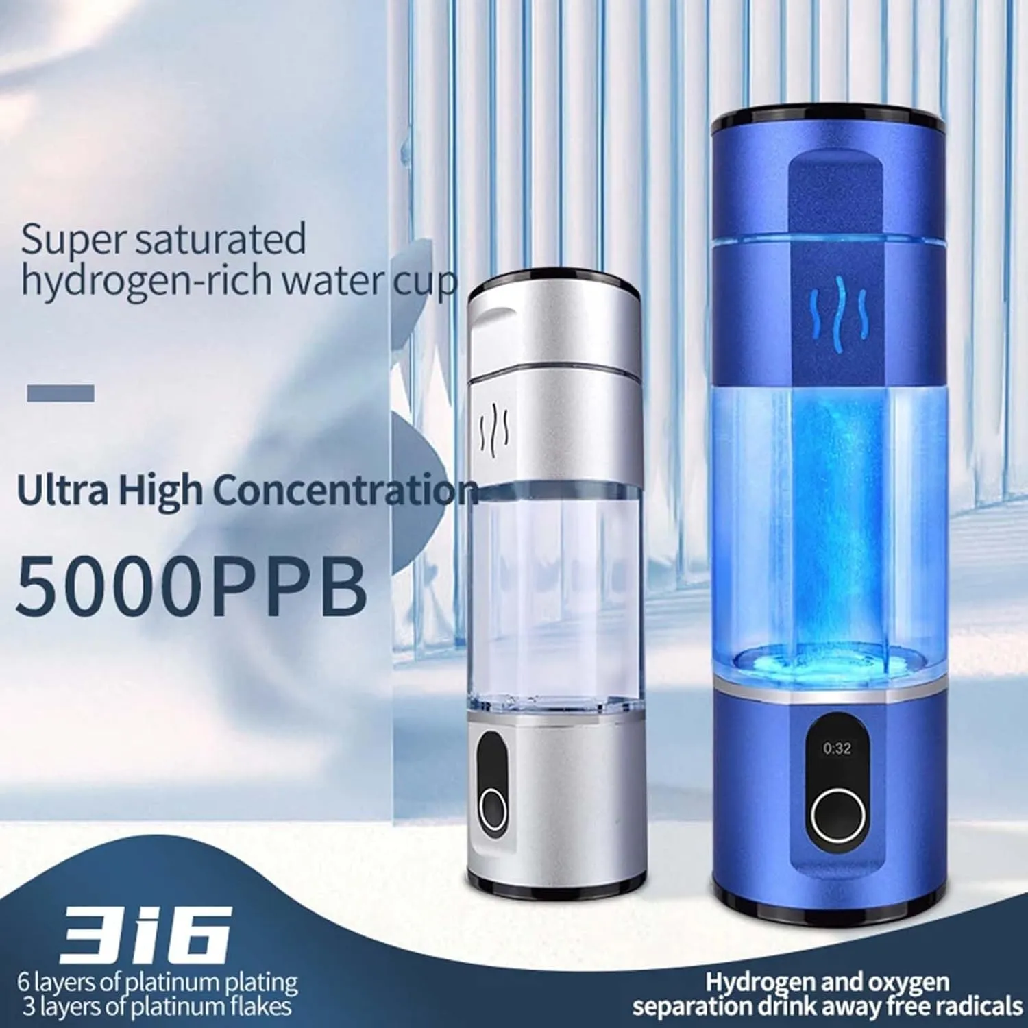 300ml Hydrogen Rich Water Bottle, Alkaline Generator, Portable Healthy Cup, USB Rechargeable Anti-Aging Hydrogen lonizer, Concentration up to 5000-8000PPB