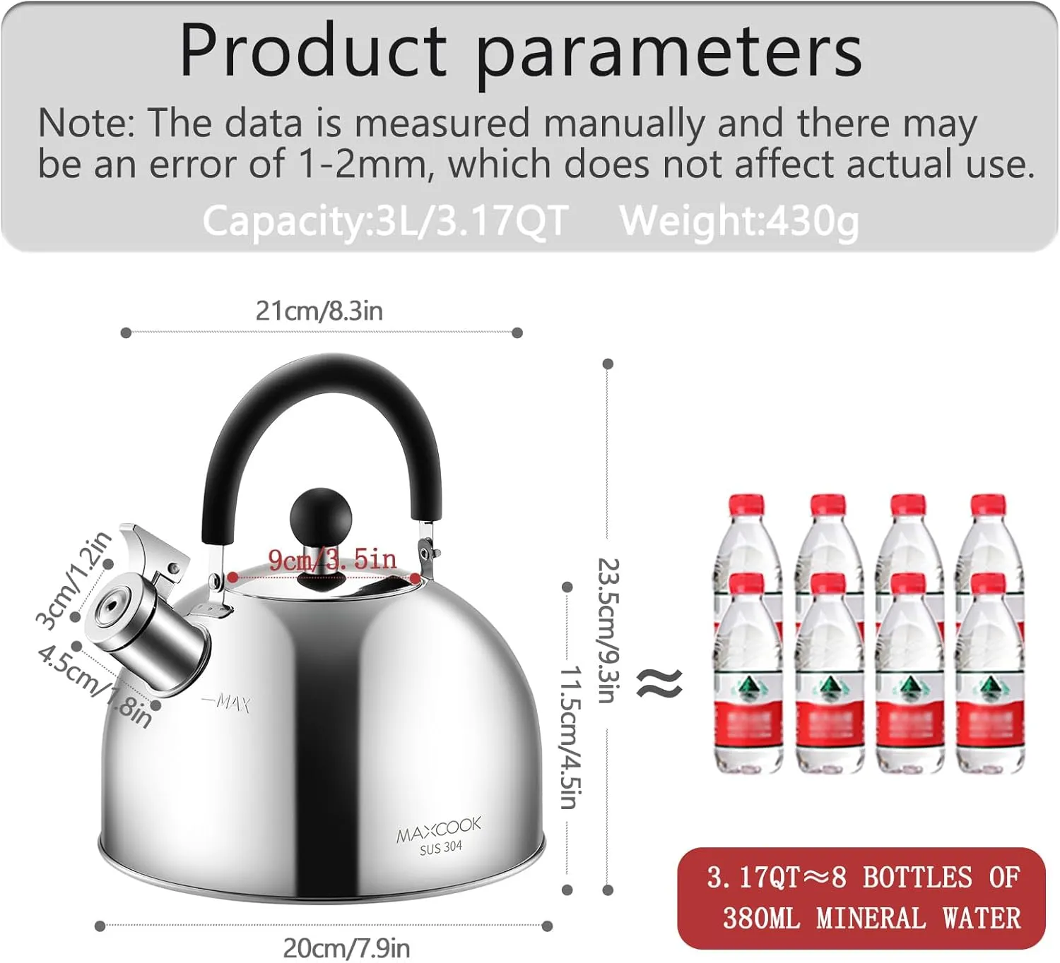 304 Stainless Steel Whistling Tea Kettle 3.17 Quart/3L Tea Pot, Suitable to Boiling Water & Tea on Induction Stove, Gas Stove Top