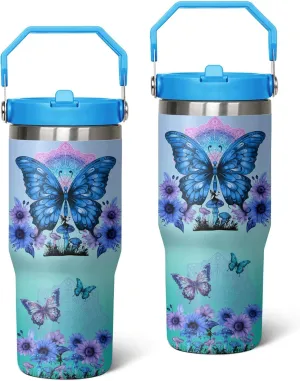30oz Insulated Butterfly Tumbler with Handle, Featuring a Leak-proof 2-in-1 Lid and Straw, a Vacuum-insulated Travel Coffee Mug, Portable Stainless Steel Water Bottle, Suitable for Both Women and Men