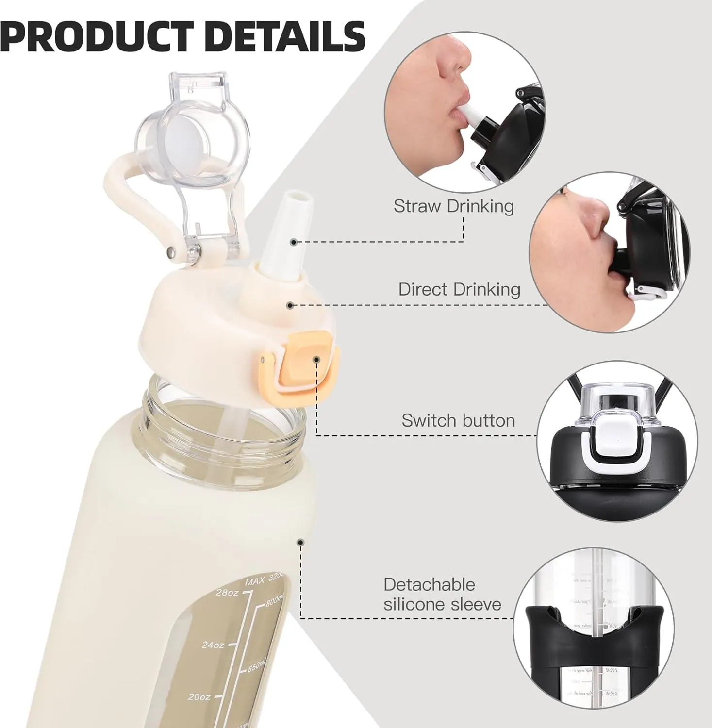 32 oz Glass Water Bolttles with Straw Large Motivational Water Bottle with Time Marker Sports Water Bottles with Silicone Sleeve and Handle Lid Water Jug for Gym Workout
