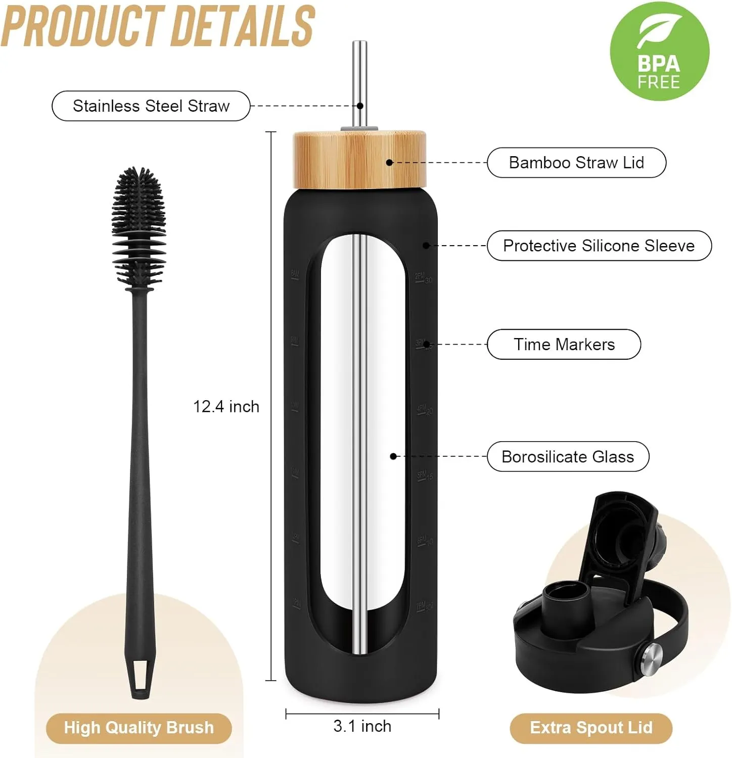 32 oz Glass Water Bottles - 1 Liter Motivational Tumbler Water Bottle Time Marker - Borosilicate Glass Water Bottle With Silicone Sleeve and 2 Lids, Handle Spout & Bamboo Straw Lid
