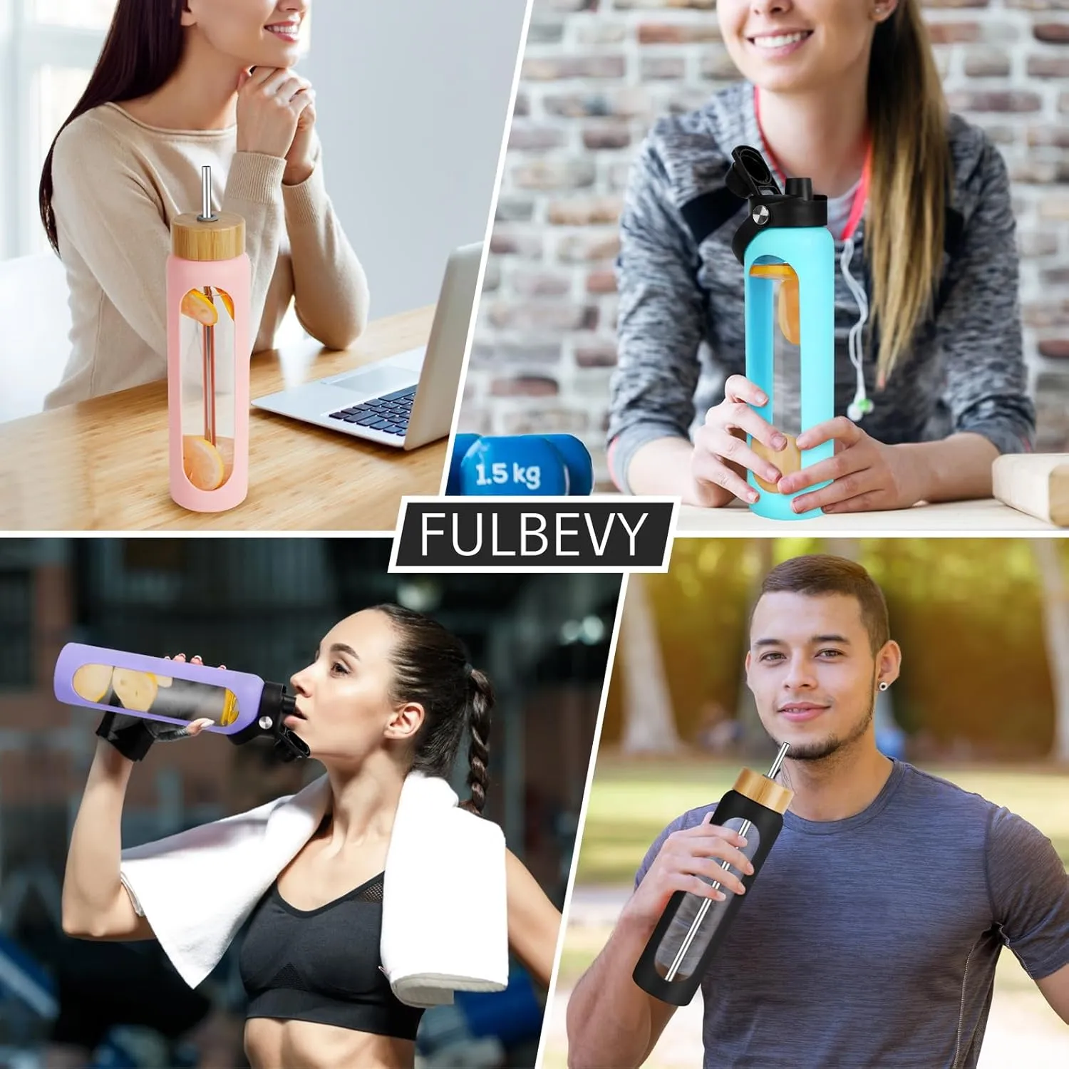 32 oz Glass Water Bottles - 1 Liter Motivational Tumbler Water Bottle Time Marker - Borosilicate Glass Water Bottle With Silicone Sleeve and 2 Lids, Handle Spout & Bamboo Straw Lid