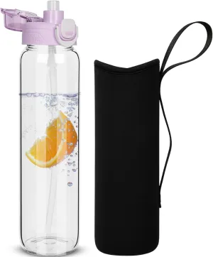 32 oz Sports Glass Water Bottle with Straw & Neoprene Sleeve BPA free Glass Drinking Bottle for Gym, Travel, Smoothie