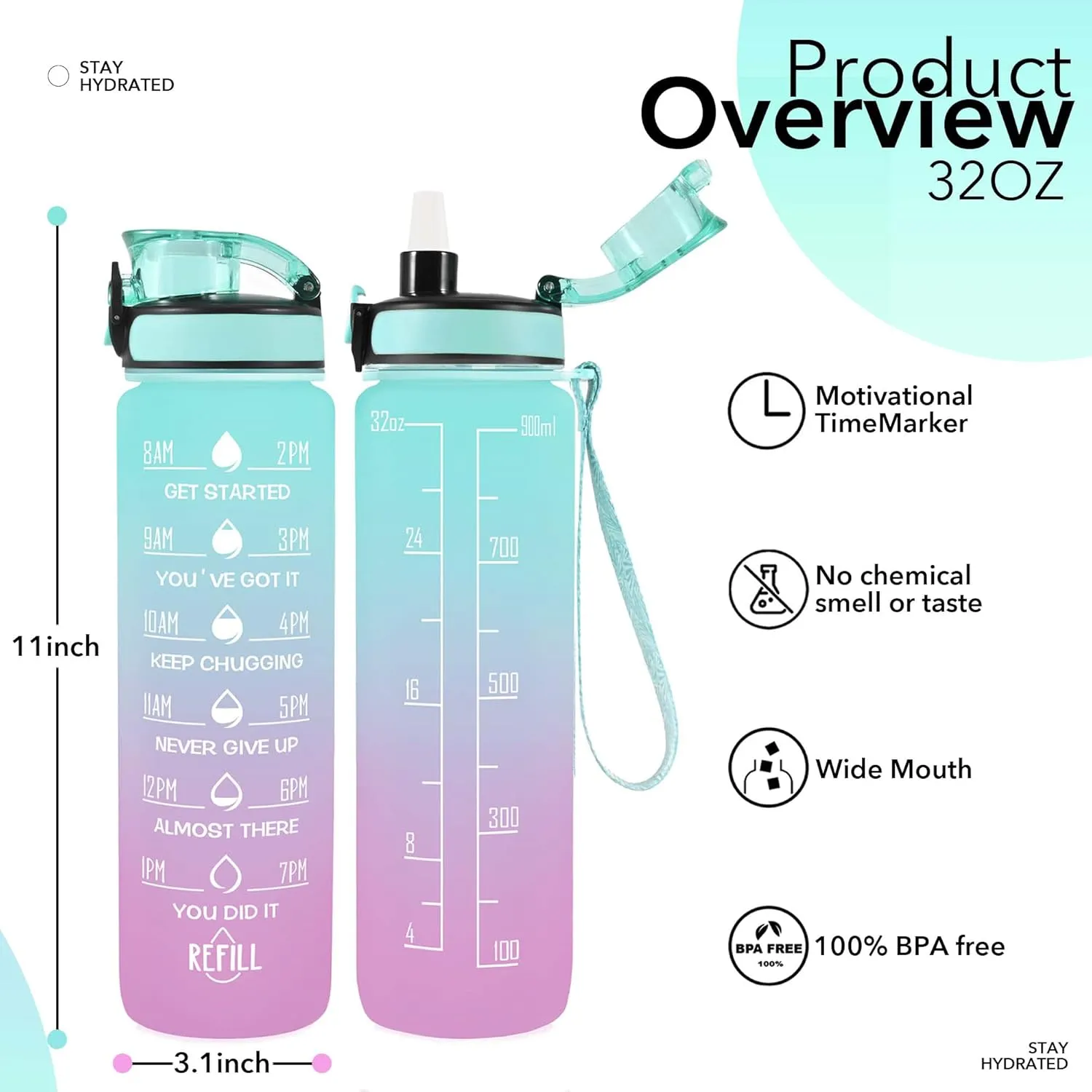 32 oz Water Bottles with Straw & Strap, Motivational Water Bottles with Times to Drink, BPA Free Reusable Sports Water Bottle with Sleeve Carrier for Hiking, Travel, Running or Fitness