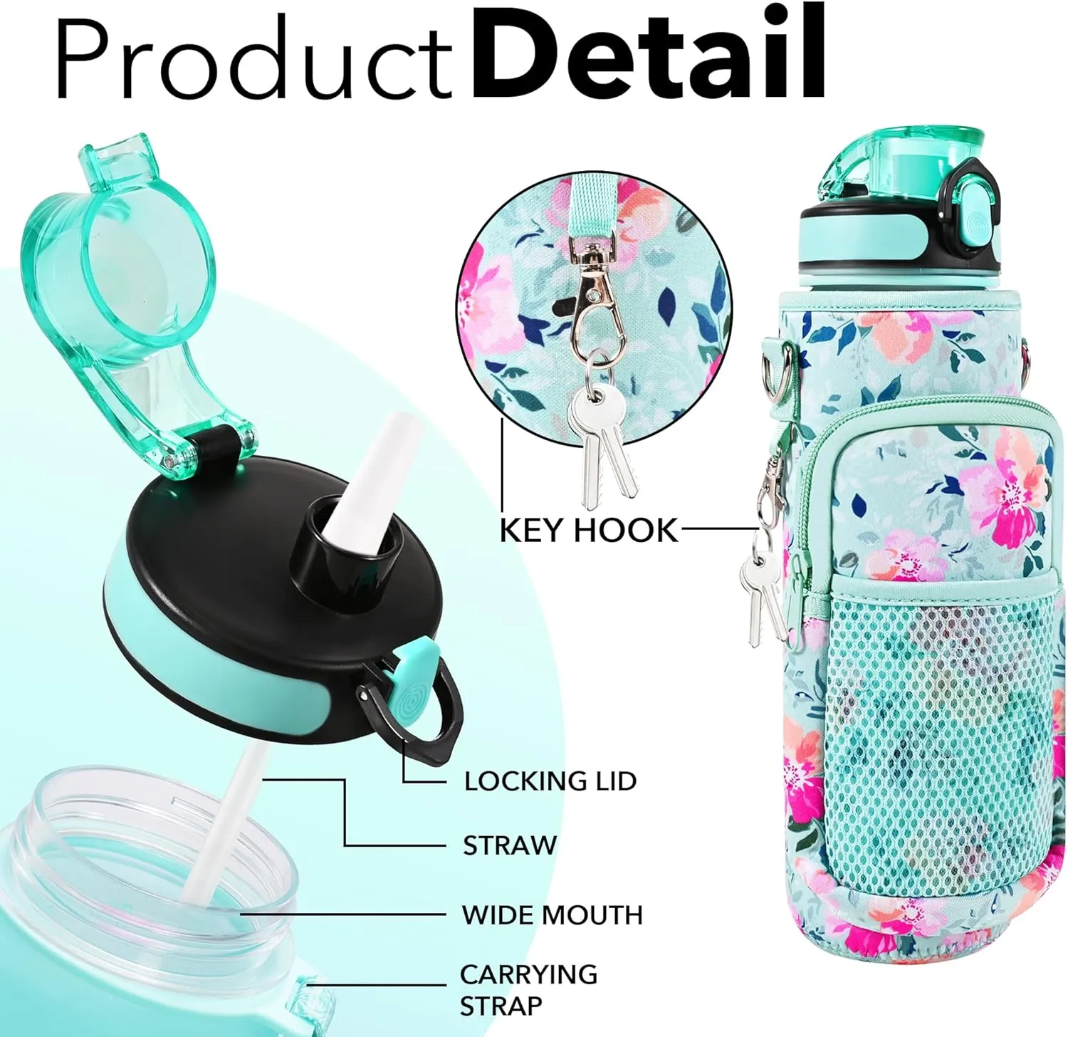 32 oz Water Bottles with Straw & Strap, Motivational Water Bottles with Times to Drink, BPA Free Reusable Sports Water Bottle with Sleeve Carrier for Hiking, Travel, Running or Fitness