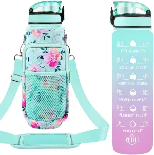 32 oz Water Bottles with Straw & Strap, Motivational Water Bottles with Times to Drink, BPA Free Reusable Sports Water Bottle with Sleeve Carrier for Hiking, Travel, Running or Fitness