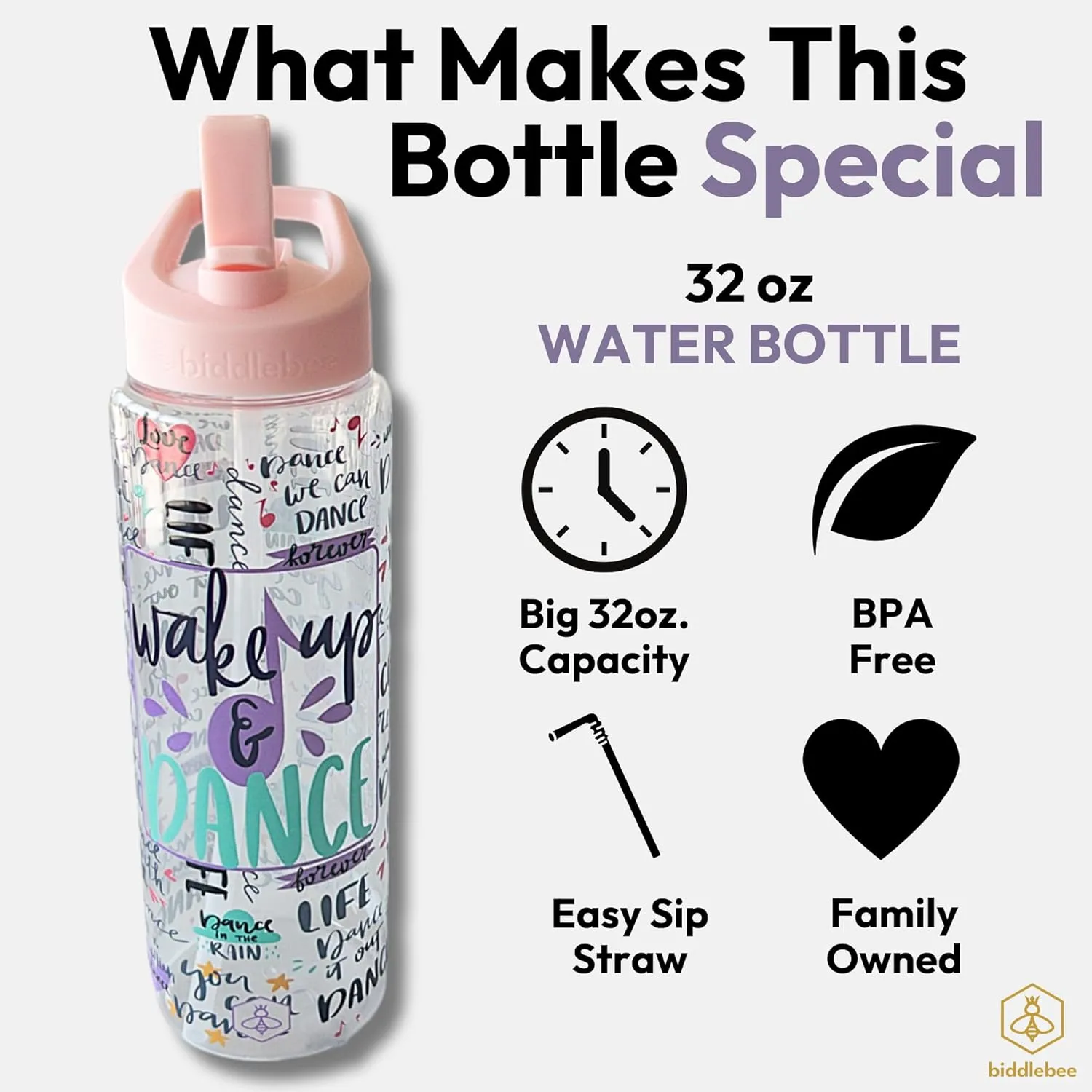 32oz Cheerleader, Dance and Gymnastics Water Bottle with Straw Lid, BPA-Free Reusable Bottle (Wake Up & Dance)
