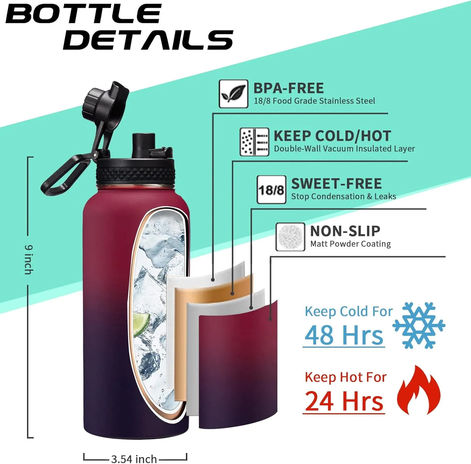 32OZ Insulated Water Bottle with Straw - Spout Lid, Sweat-Proof & BPA-Free Metal Reusable Water Bottles, Wide-Mouth Vacuum Insulated Bottle with Paracord Handle, Bottle Sleeve Bag & Protective Boot