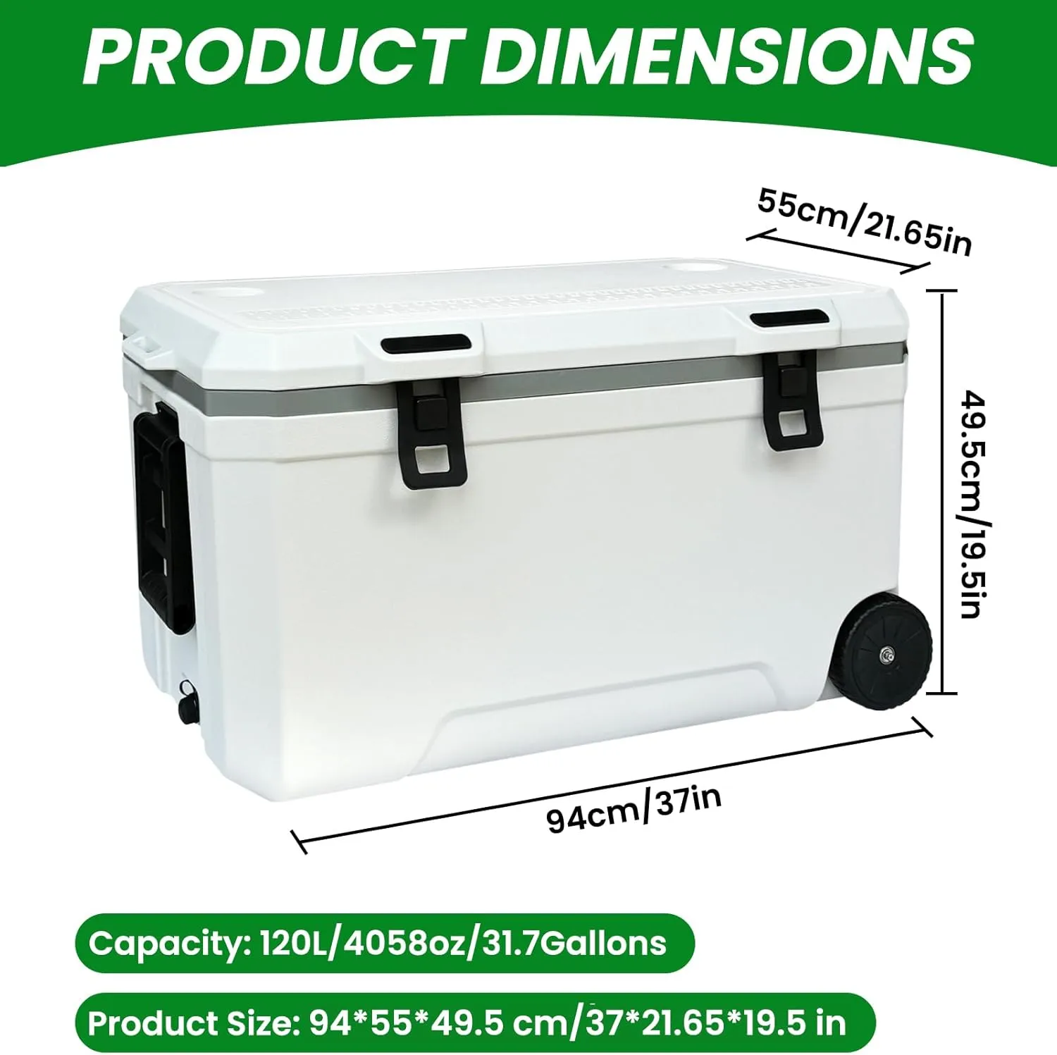 34-127 Quart Insulated Portable Cooler with Heavy Duty Wheels Keeps Ice for up to 5 Days, Great for Drink, Beach, Camping, Tailgating, Sports, & More