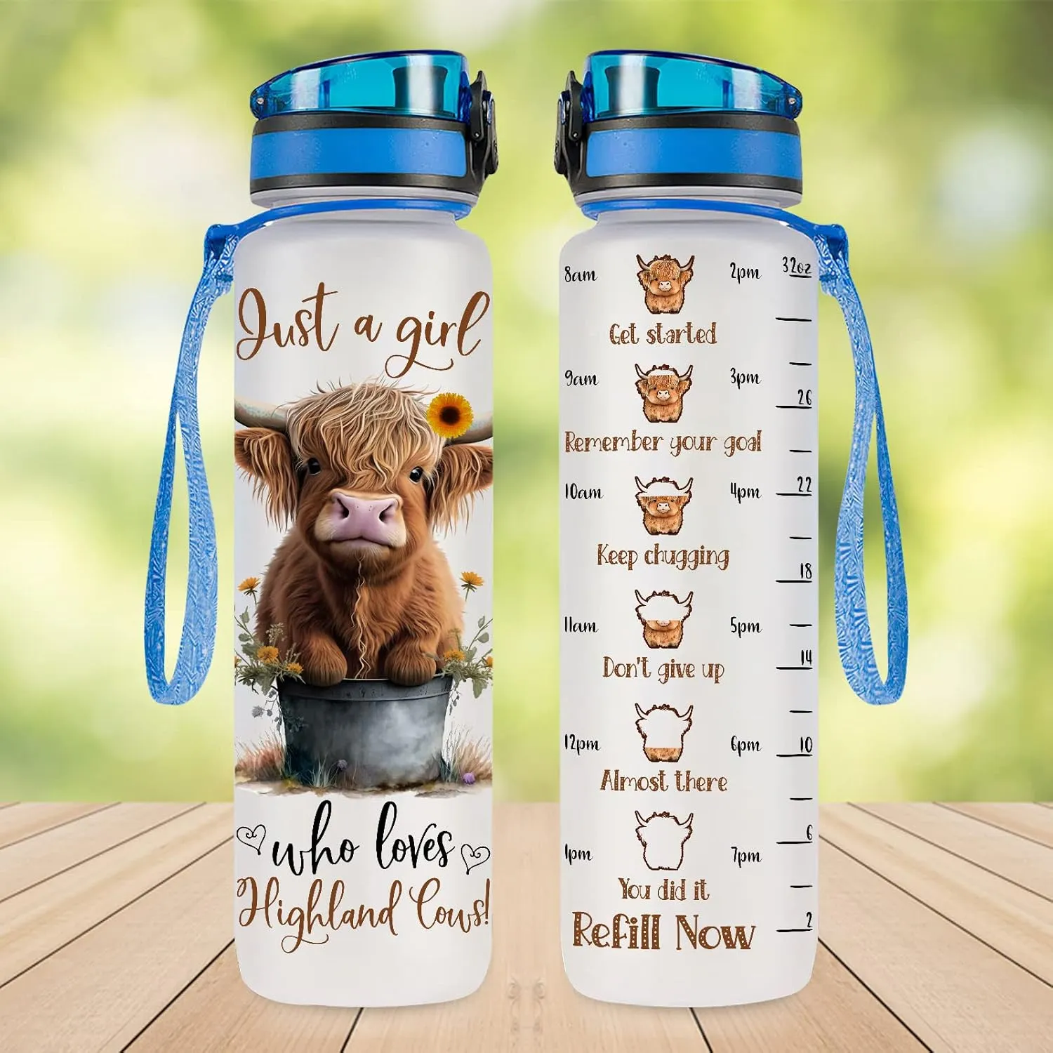 34HD Highland Cow Water Bottle, 32 oz Tritan Plastic, Motivational Quote & Time Marker, Gift for Women, Sports & Everyday Use