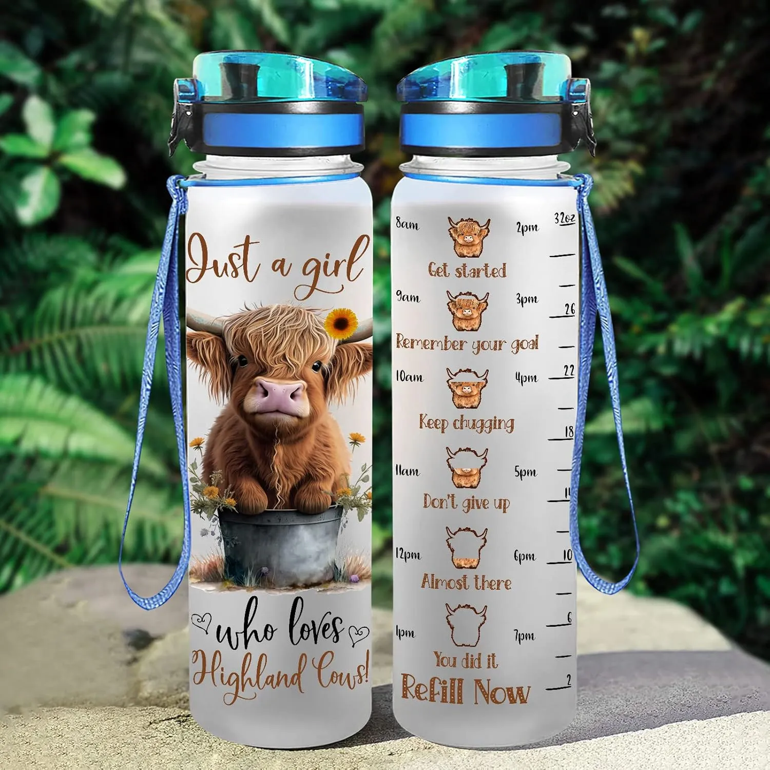 34HD Highland Cow Water Bottle, 32 oz Tritan Plastic, Motivational Quote & Time Marker, Gift for Women, Sports & Everyday Use