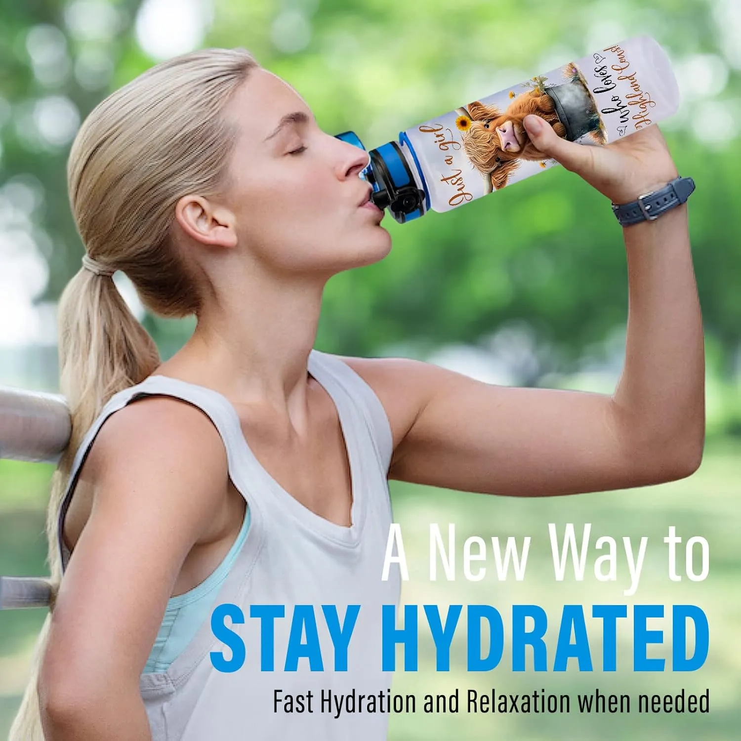 34HD Highland Cow Water Bottle, 32 oz Tritan Plastic, Motivational Quote & Time Marker, Gift for Women, Sports & Everyday Use
