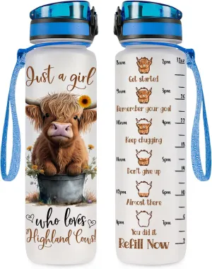34HD Highland Cow Water Bottle, 32 oz Tritan Plastic, Motivational Quote & Time Marker, Gift for Women, Sports & Everyday Use